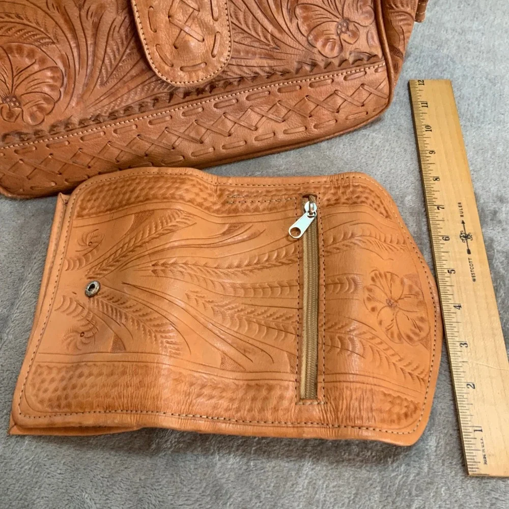 American West Hand Tooled Leather Bag and Wallet Set Tan Floral Cottagecore